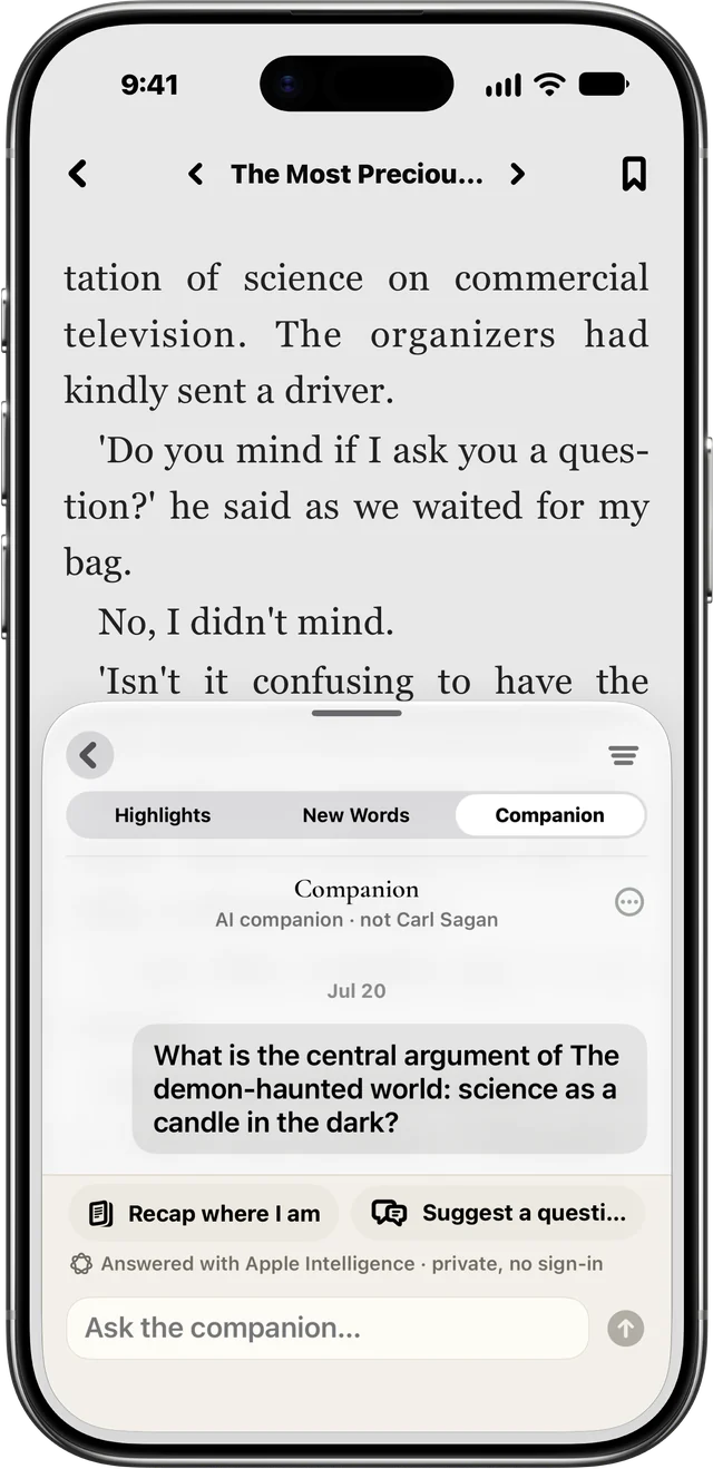 Casu's Collect panel: Highlights, New Words and Companion, with Recap where I am and Suggest a question