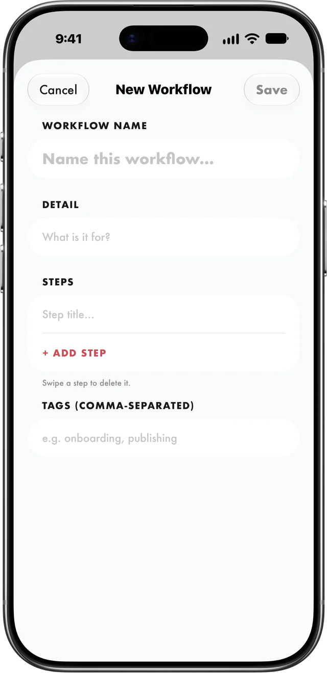 Elf's New Workflow form: name, detail, steps and tags