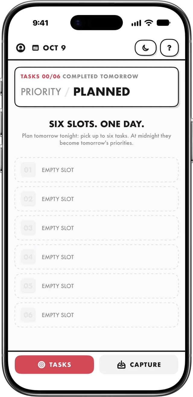 Elf's Planned tab with six empty slots